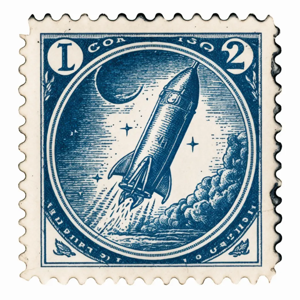 simple clean vintage 2 cent postage stamp of a rocket ship going to the moon, blue ink, line engraving, intaglio